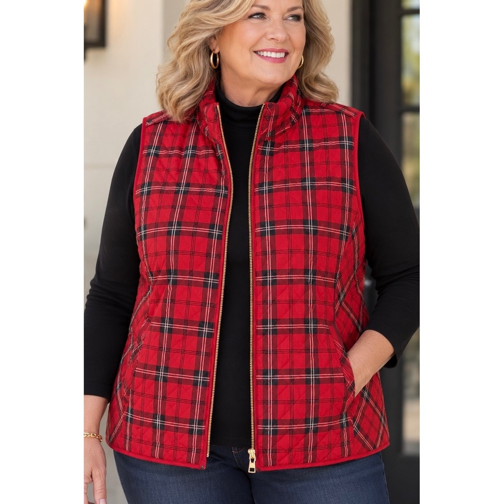 Chic's Red Reversible Quilted Vest XL Plaid Puffer Sleeveless Jacket Gold Zip